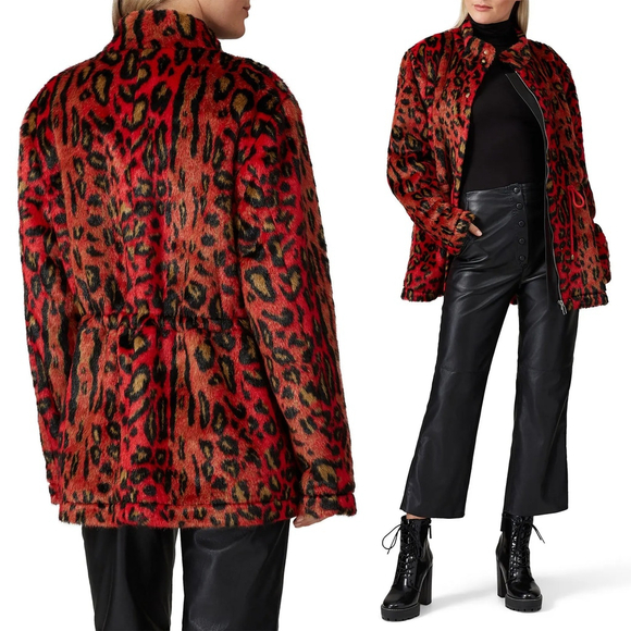 Nicole Miller Red Leopard Faux Fur Anorak Jacket Zip Drawstring Waist - Size P - Picture 3 of 9